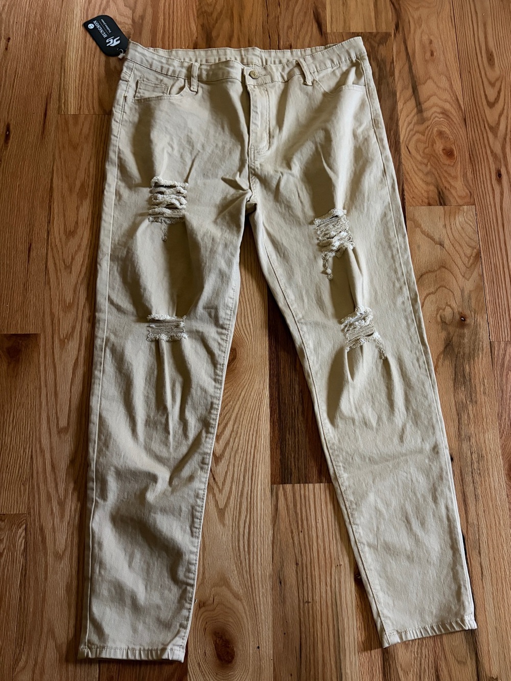 XOXO Beige Distressed Slim Straight Jeans